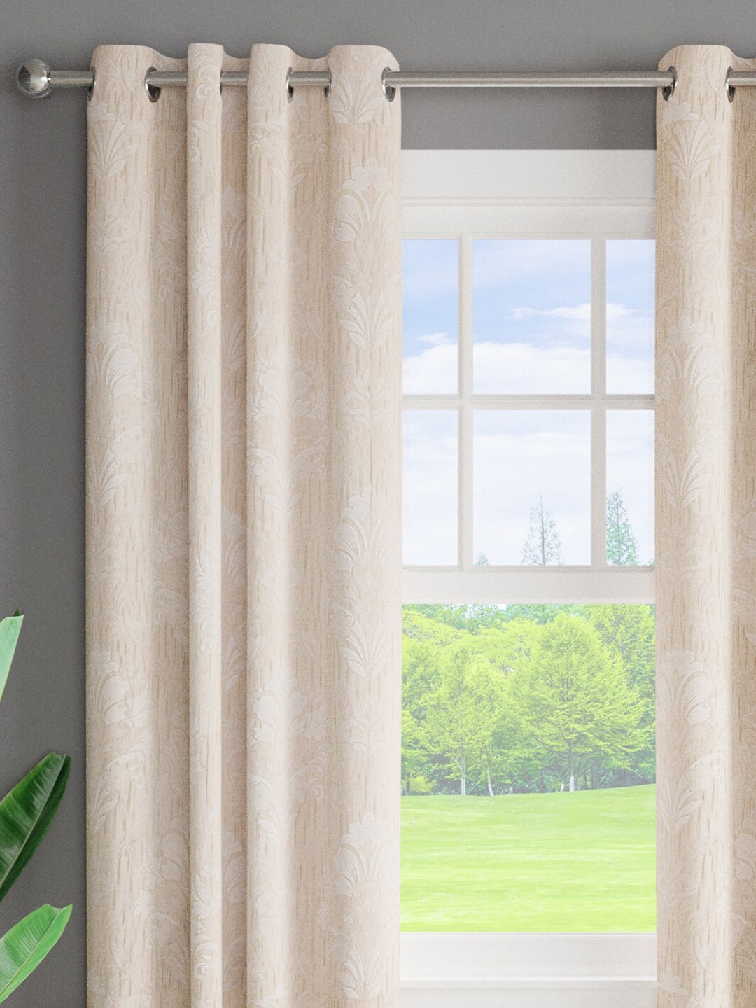 

Just Home Off White 2-Pieces Ethnic Motifs Jacquard Regular Window Curtains
