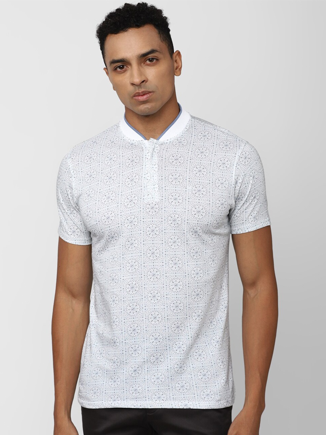 

V Dot Geometric Printed Mandarin Collar Slim Fit Pure Cotton T-shirt, White