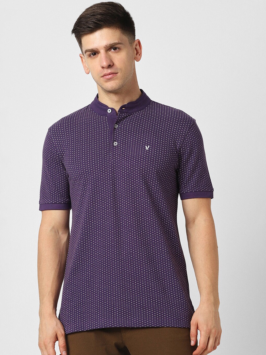 

Van Heusen Geometric Printed Self Designed Mandarin Collar Cotton T-shirt, Purple