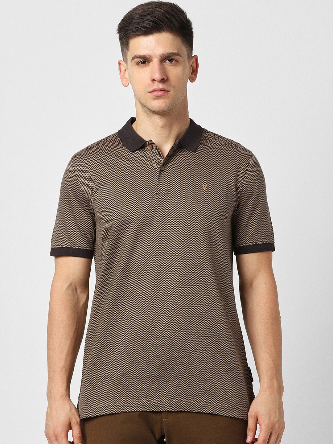 

Van Heusen Chevron Geometric Printed Self Designed Polo Collar Cotton T-shirt, Brown