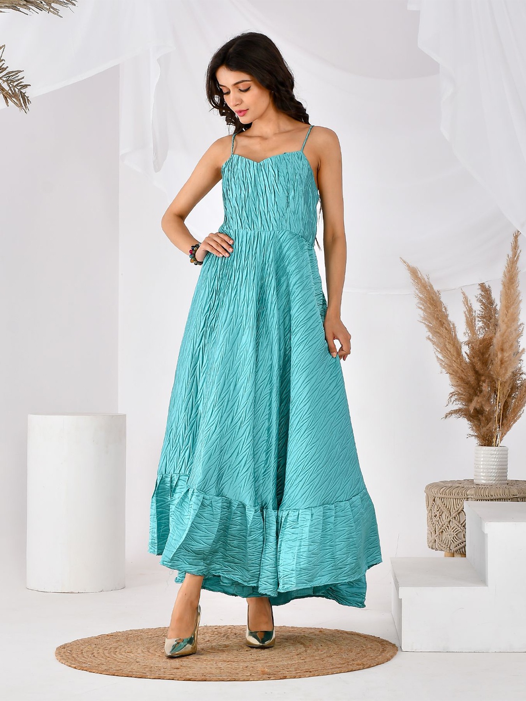 

Rangpur Self Design Shoulder Strap Fit & Flare Dress, Turquoise blue