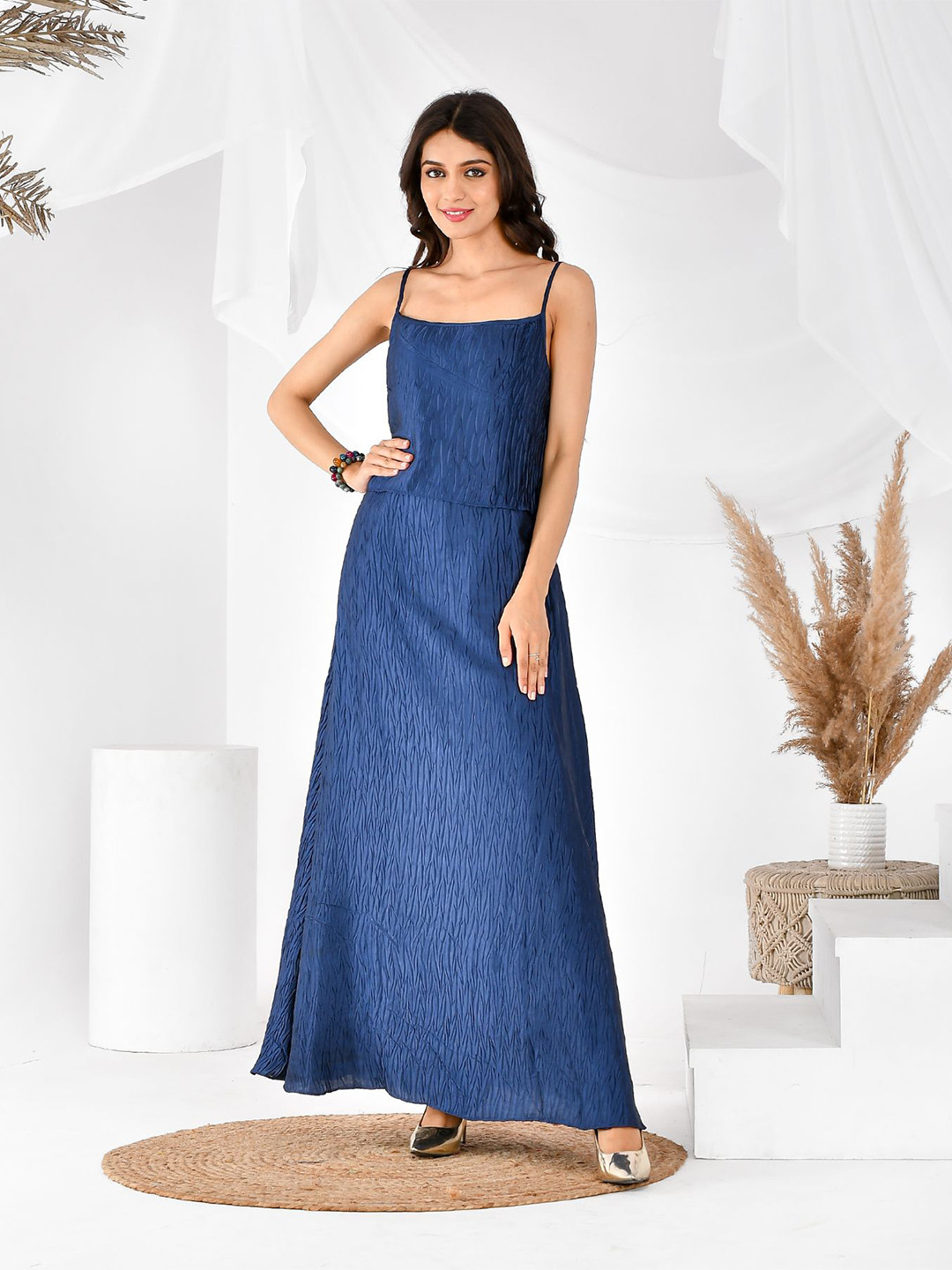 

Rangpur Self Design Shoulder Straps Layered Satin A Line Dress, Blue