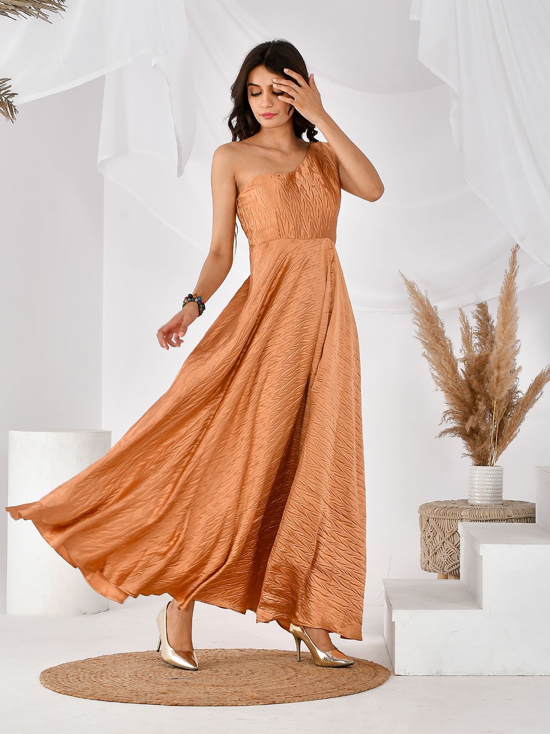 

Rangpur Self Design One Shoulder Neck Satin Fit & Flare Dress, Bronze