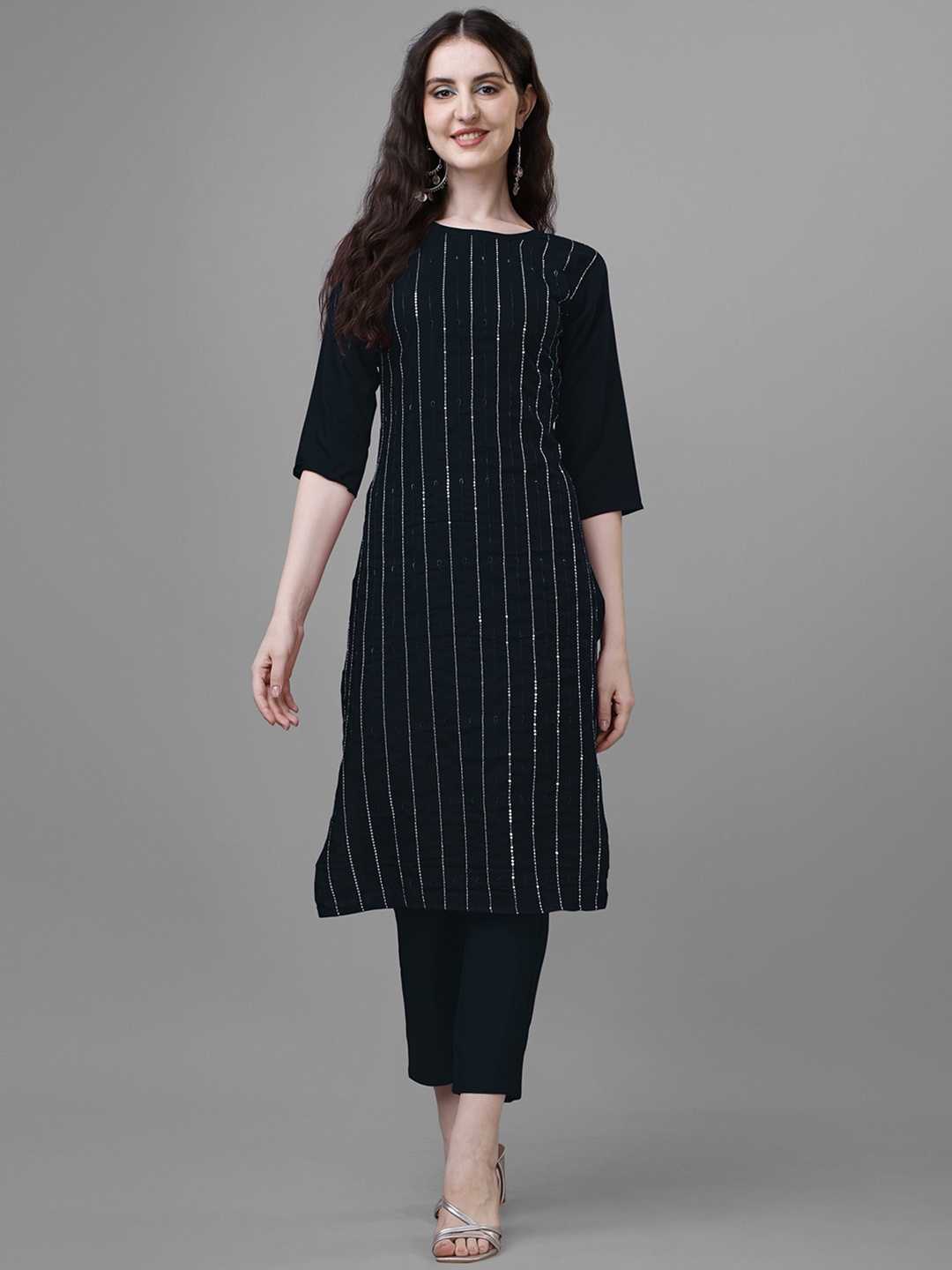 

Femvy Striped Embroidered & Sequined Straight Kurta With Trousers, Black