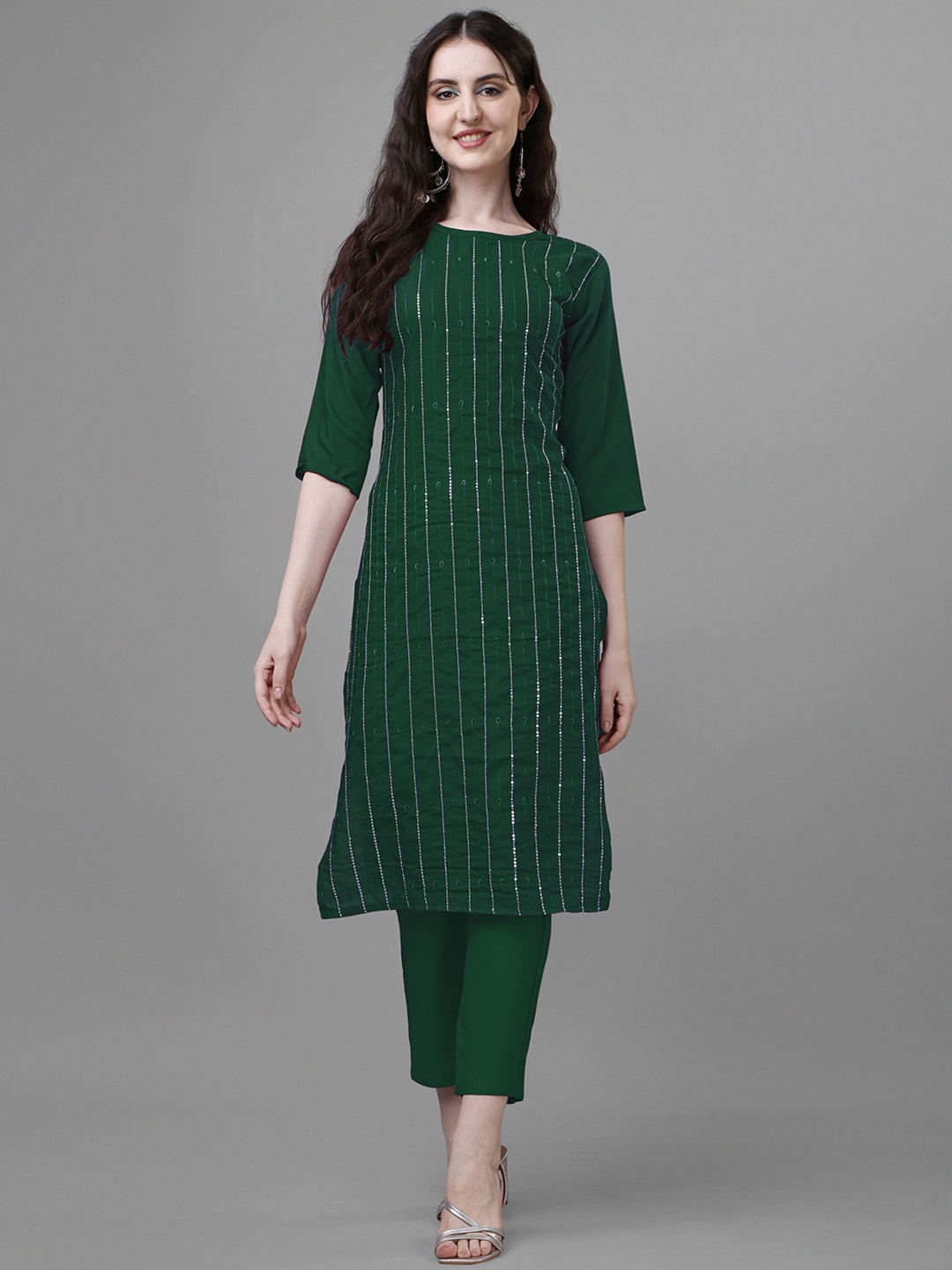 

Femvy Striped Embroidered Regular Sequinned Kurta With Trousers, Green