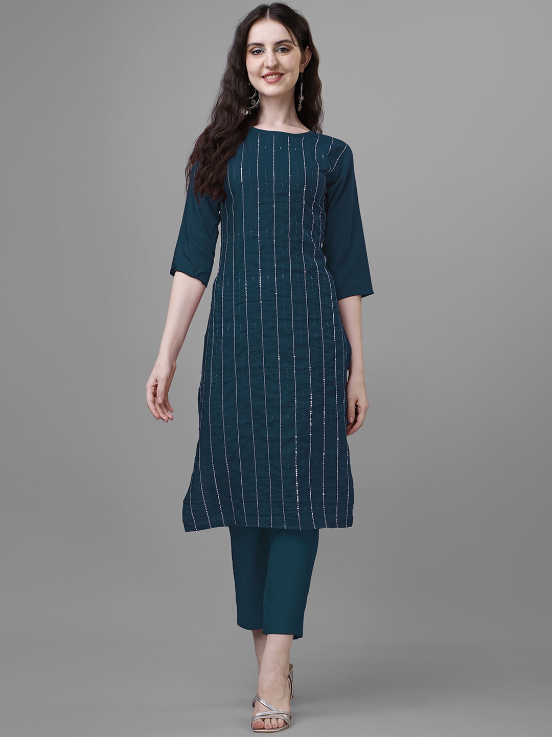 

Femvy Striped Embroidered Regular Sequinned Kurta With Trousers, Blue