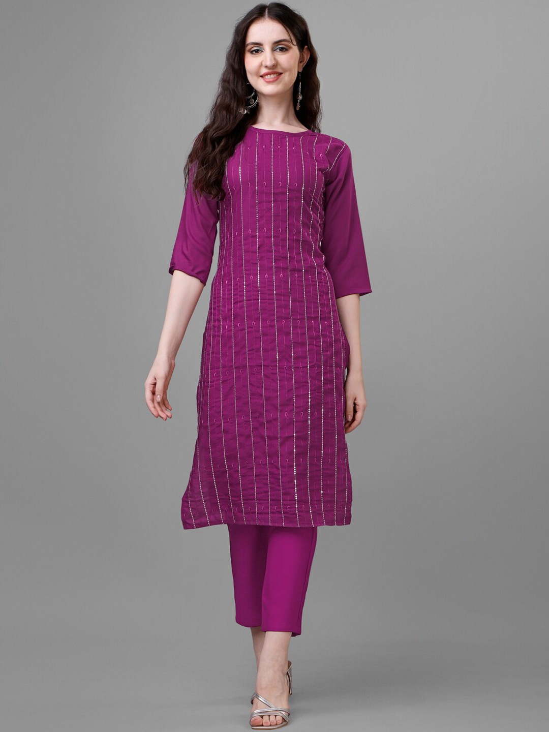 

Femvy Striped Embroidered Regular Sequinned Kurta With Trousers, Magenta