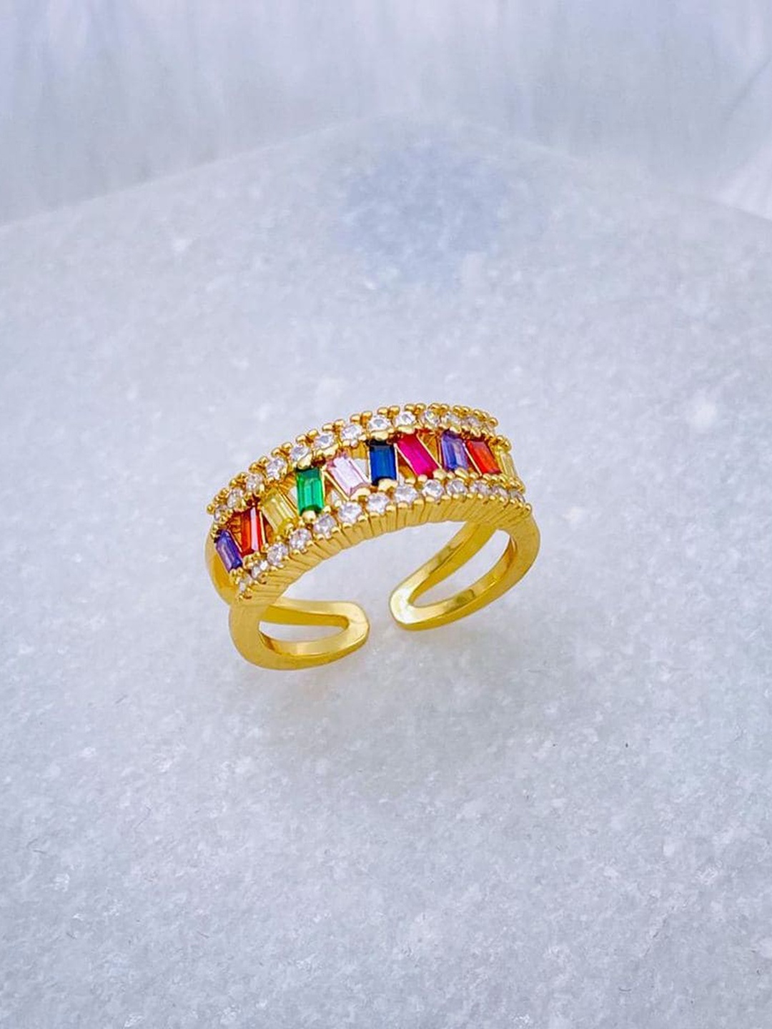ZIVOM 18KT Gold-Plated CZ-Studded Adjustable Finger Ring