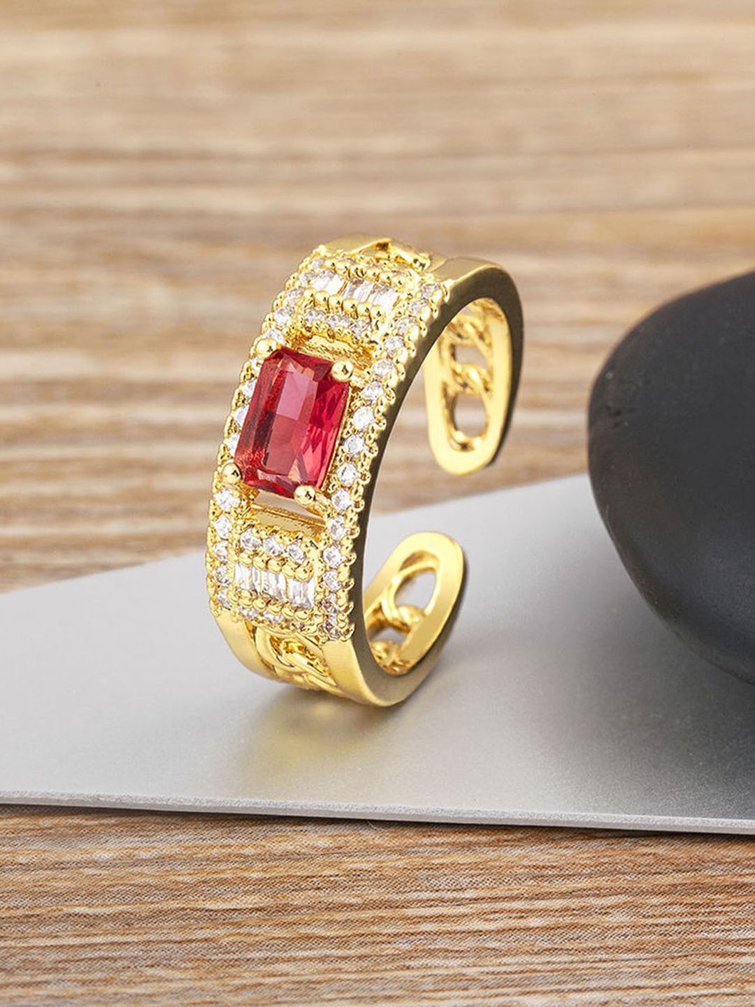 

ZIVOM Women 18K Gold-Plated Cubic Zirconia Studded Finger Ring