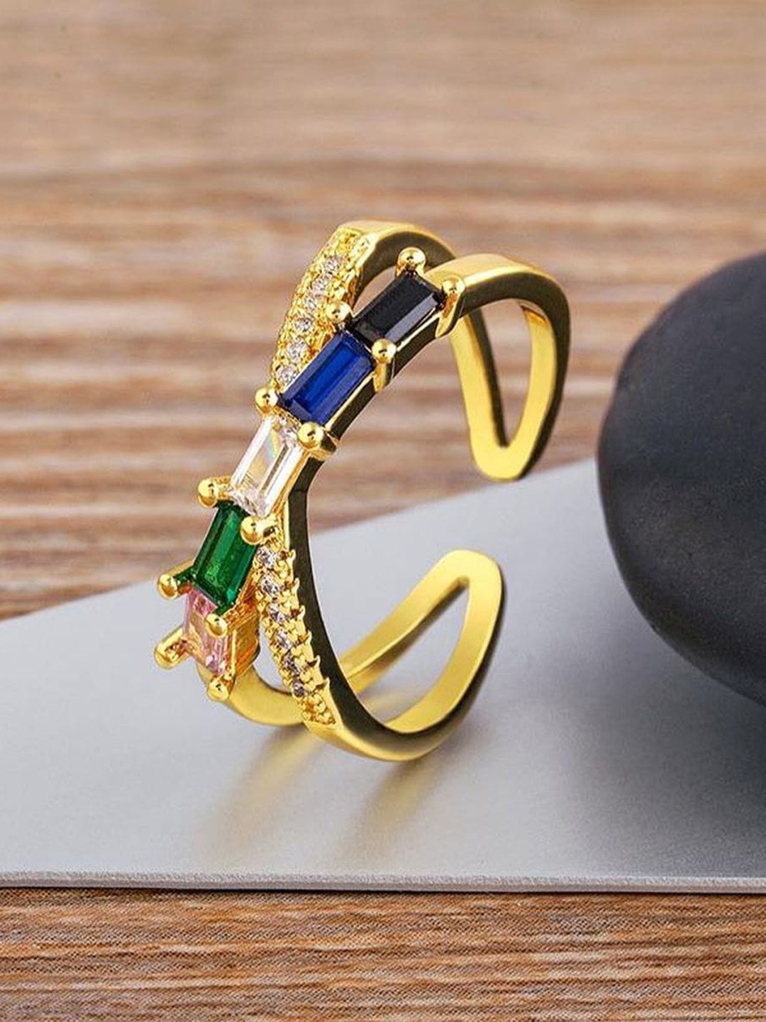 

ZIVOM Gold-Plated American Diamond Studded Finger Ring