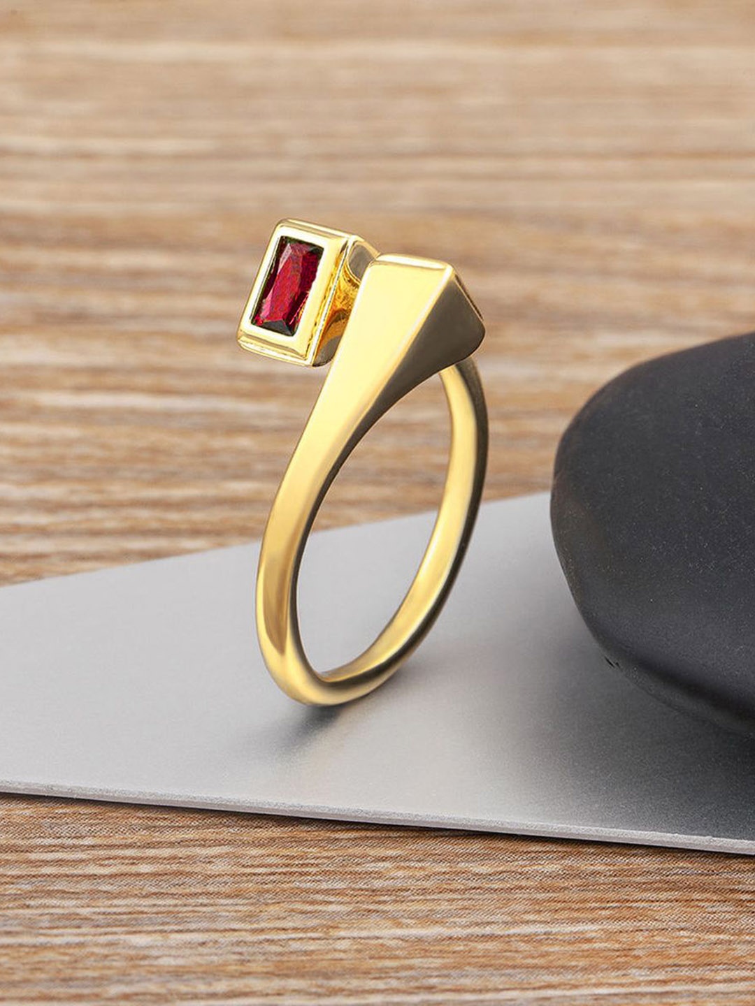 

ZIVOM 18K Gold-Plated Rectangle Crystal Studded Anti Tarnish Ring
