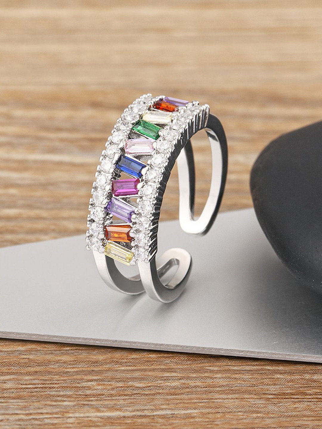 

ZIVOM Silver-Plated & CZ Stone-Studded Finger Ring