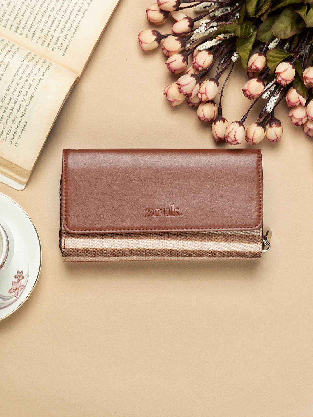 

ZOUK Striped Water Resistant Zip Around Wallet, Brown