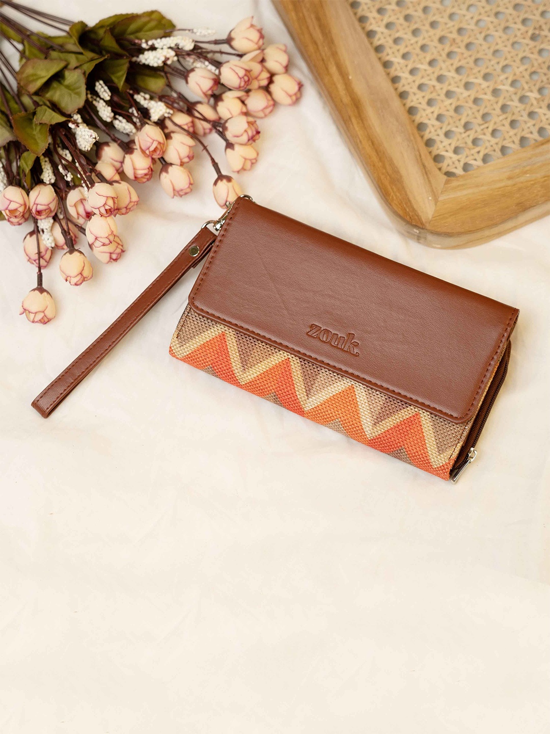 

ZOUK Geometric Printed Wrist Loop Three Fold Wallet, Brown