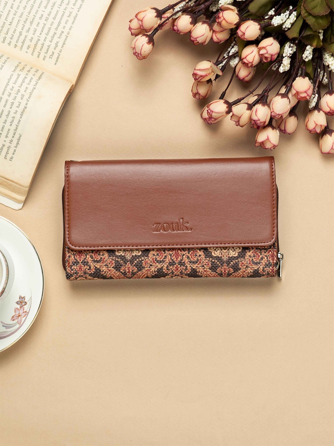 

ZOUK Women Ethnic Motifs Printed Water Resistant Zip Around Wallet, Brown