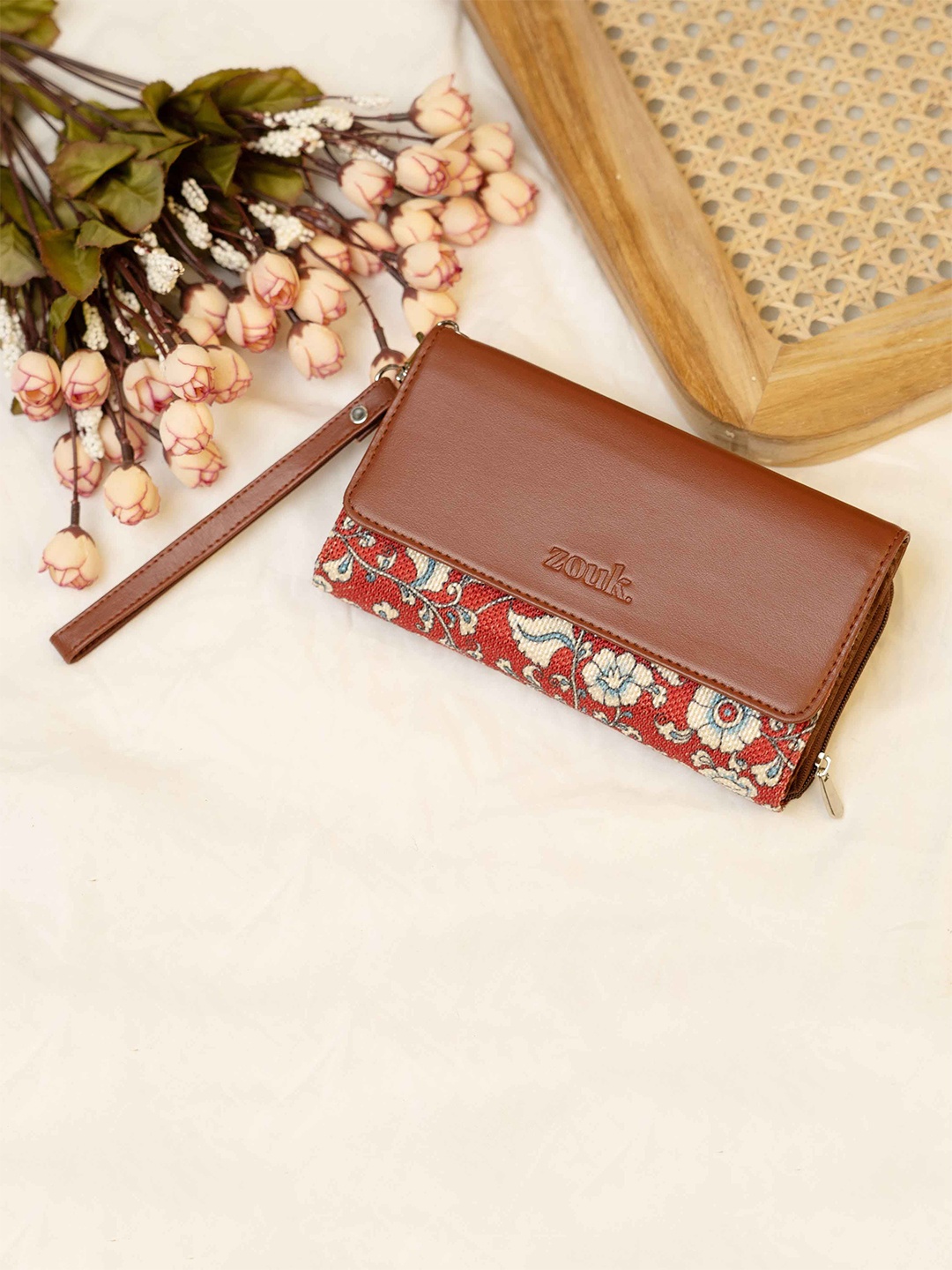 

ZOUK Floral Printed Wrist Loop Zip Around Wallet, Red