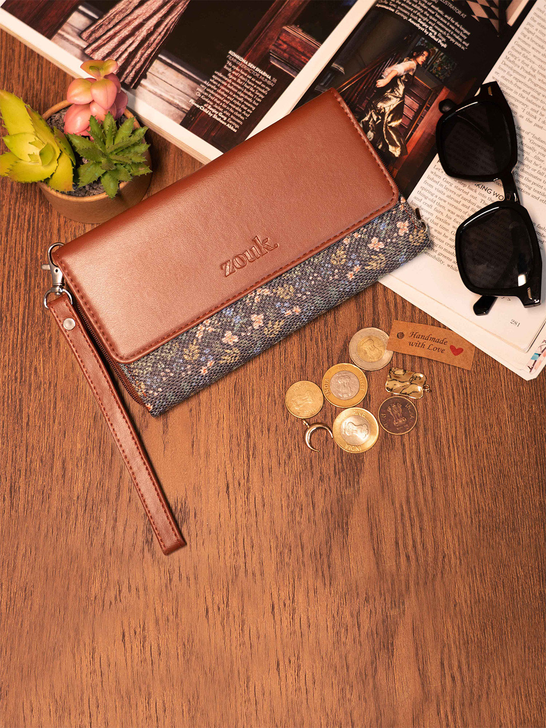 

ZOUK Women Blue & Blue Floral Printed Zip Around Wallet, Peach
