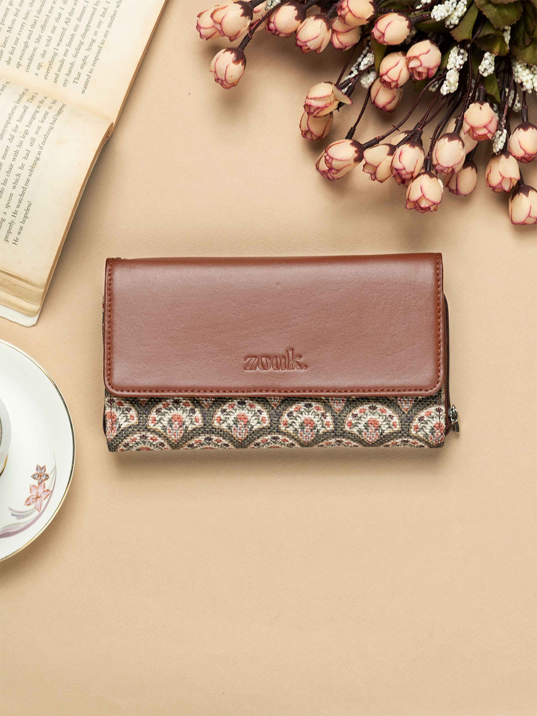 

ZOUK Women Floral Printed Water Resistant Zip Around Wallet, Brown