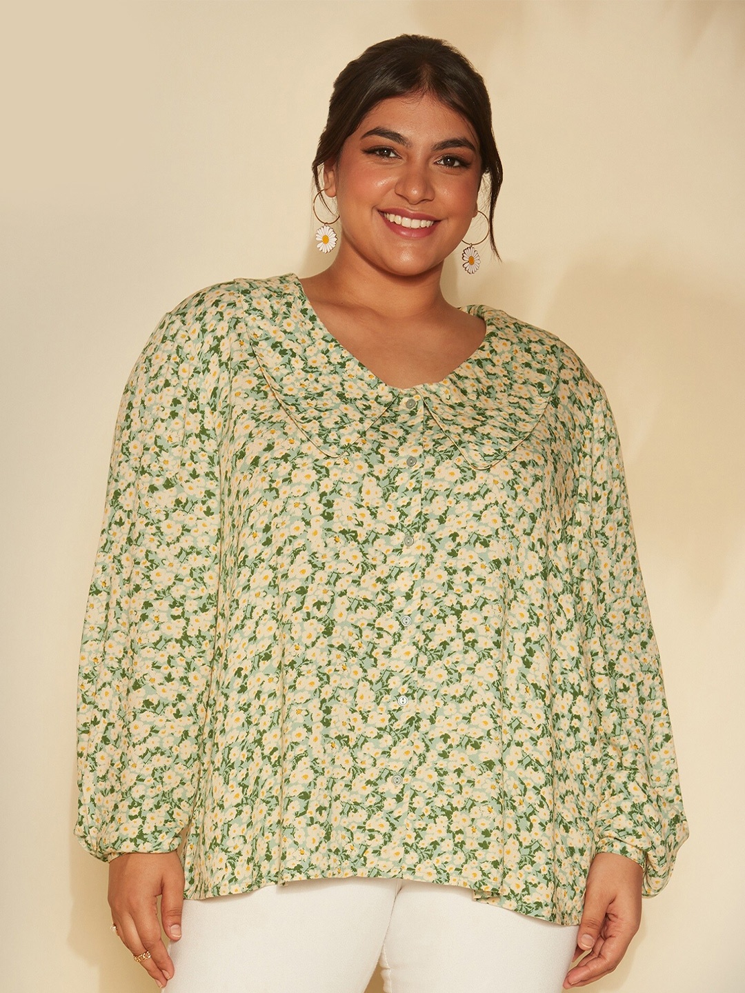 

20Dresses Plus Size Green And White Floral Printed Peter Pan Collar Casual Shirt