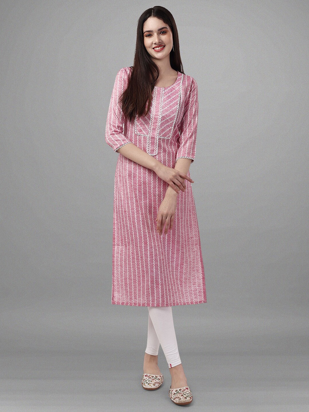 

BAPS Woven Design Round Neck Pure Cotton Kurta, Pink