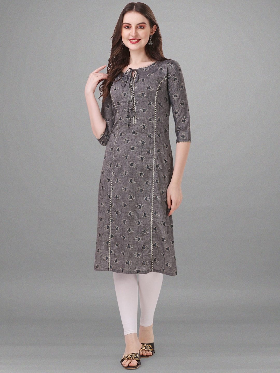 

BAPS Floral Printed Tie Up Neck Pure Cotton Kurta, Grey