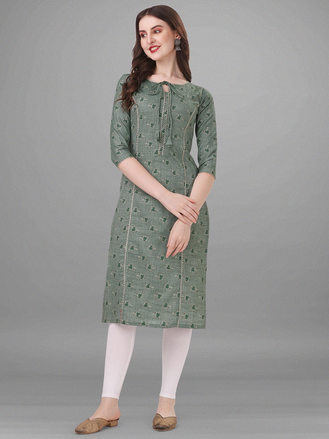 

BAPS Floral Printed Tie Up Neck Pure Cotton Kurta, Green