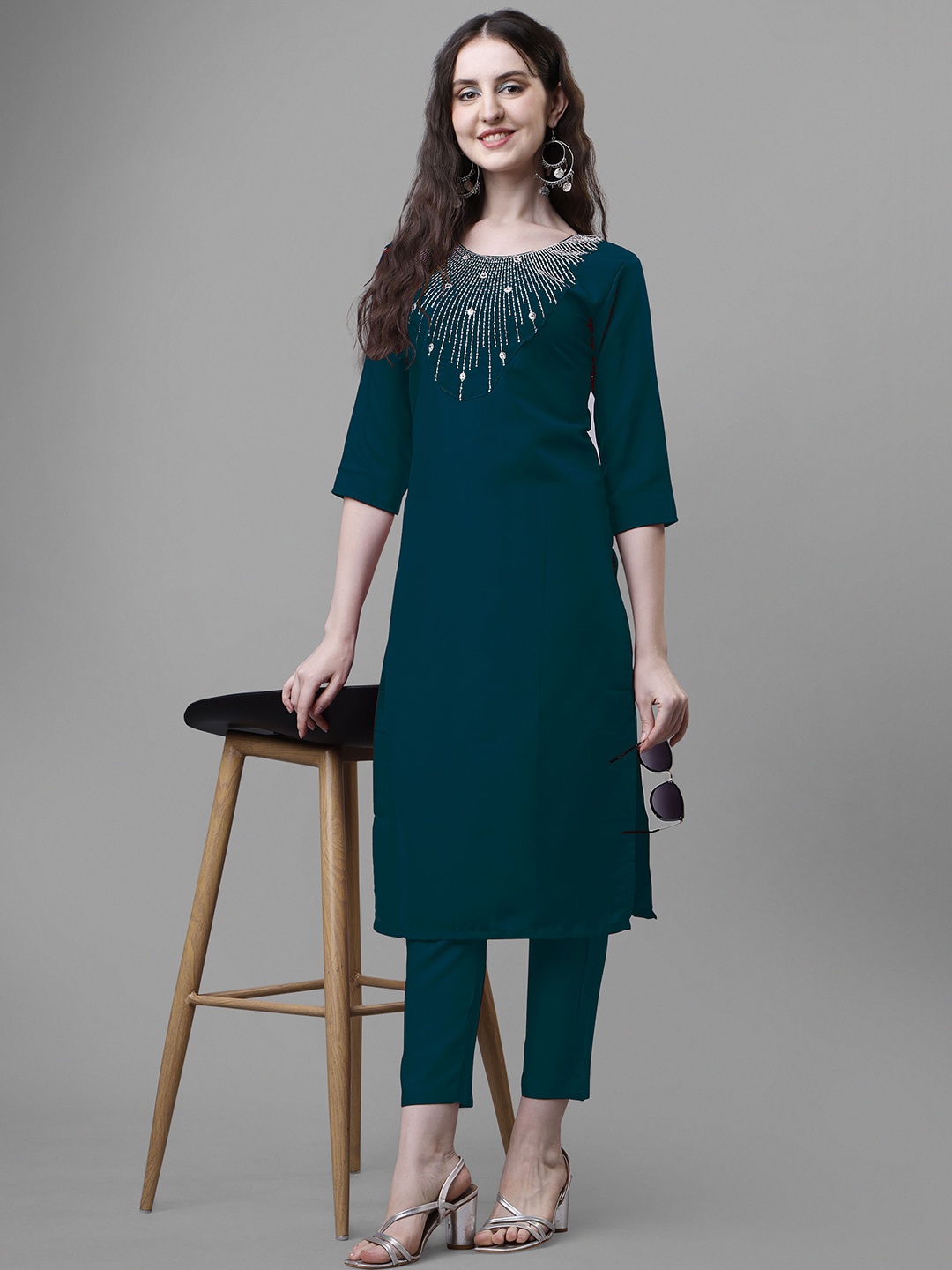 

Femvy Embroidered Yoke Beads & Stones Straight Kurta With Trousers, Teal