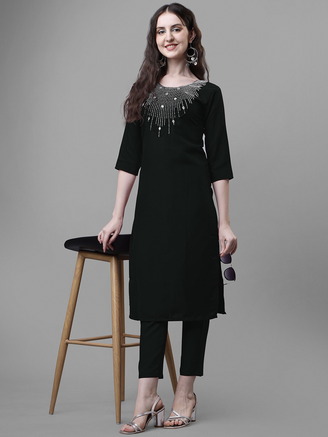 

Femvy Thread Work Yoke Design Kurta With Trousers, Black