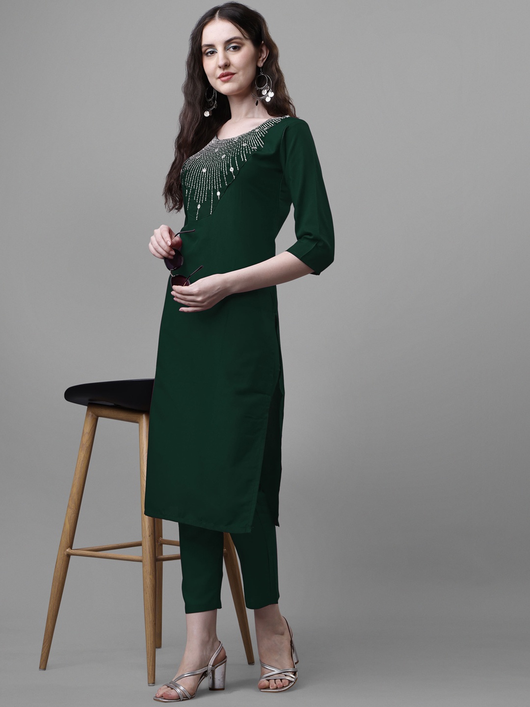 

Femvy Embroidered Yoke Beads & Stones Straight Kurta With Trousers, Green