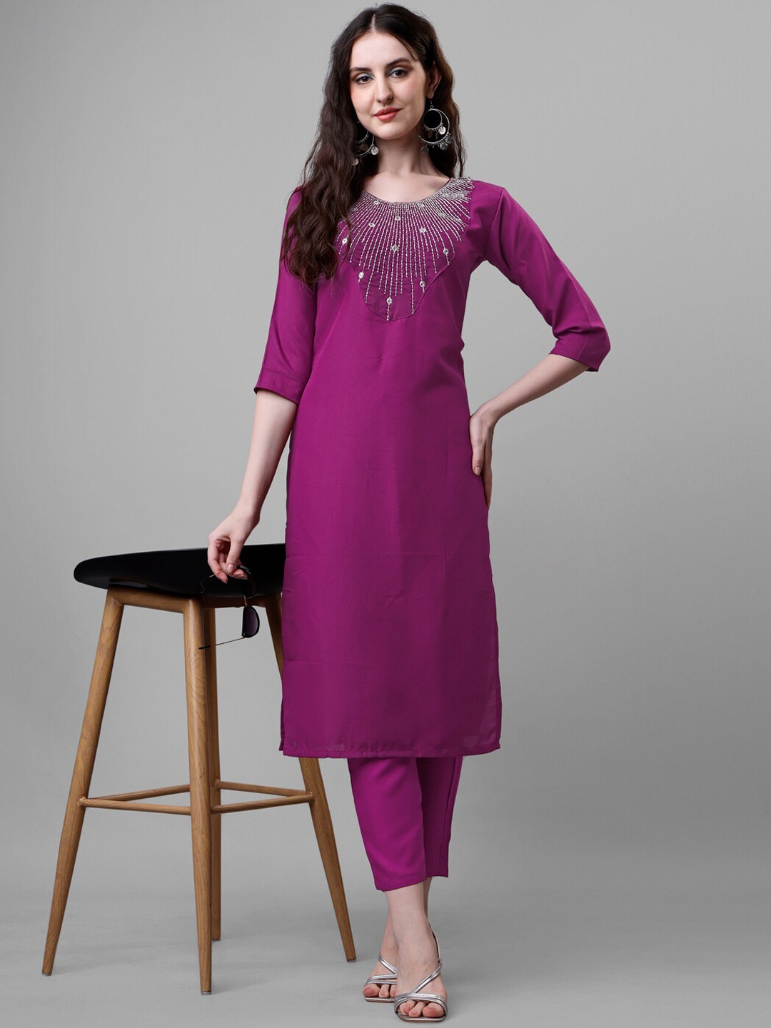 

Femvy Thread Work Yoke Design Kurta With Trousers, Magenta