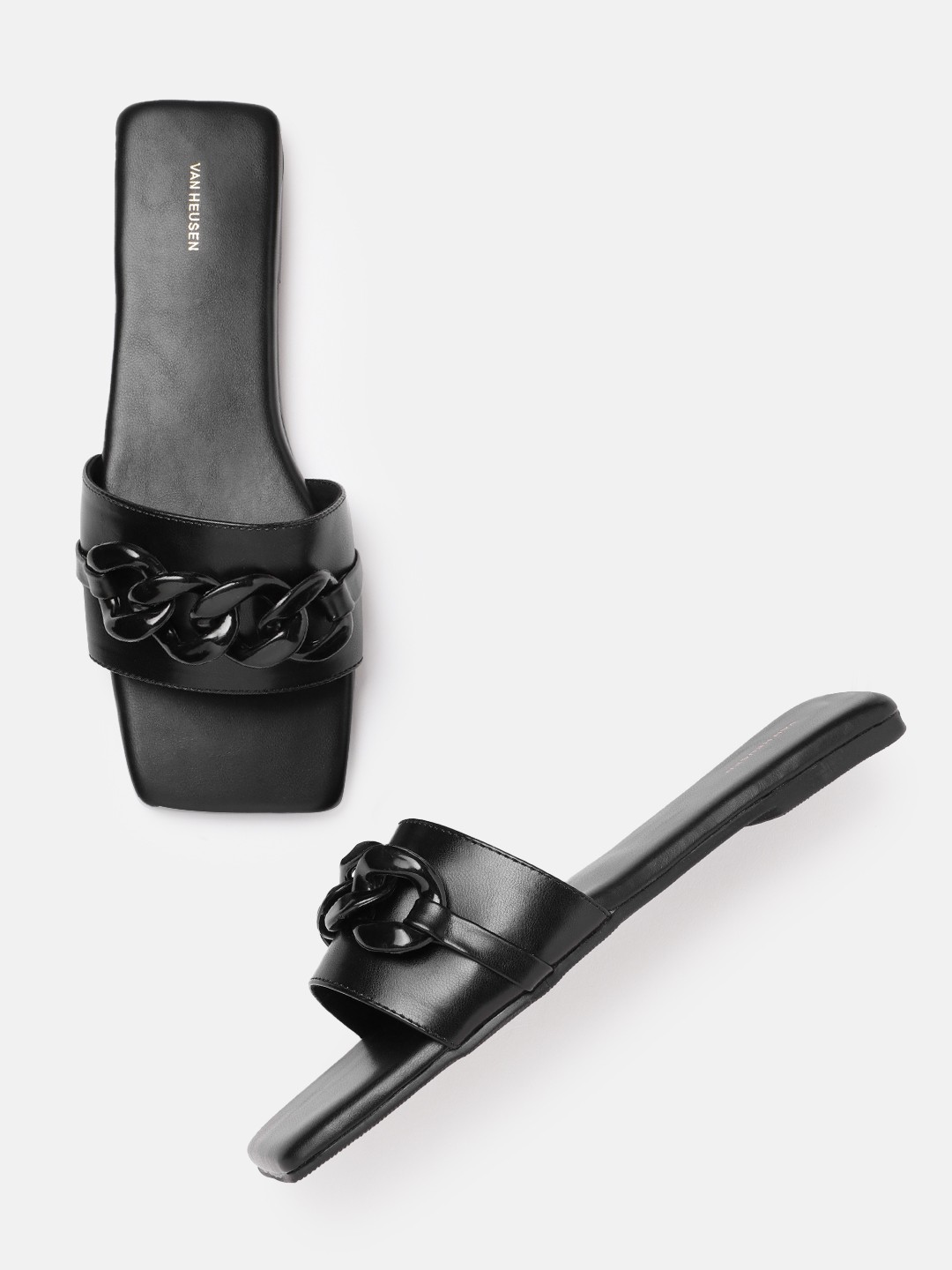 

Van Heusen Woman Open Toe Flats with Chain Detail, Black
