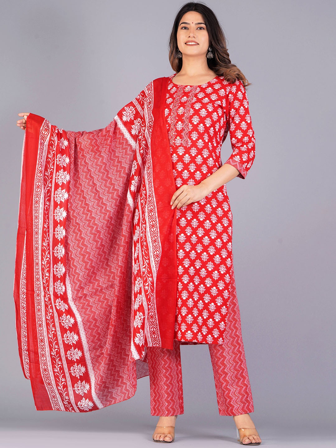 

JAIPURI COLLECTION Ethnic Motifs Printed Pure Cotton Kurta With Trousers & Dupatta, Red