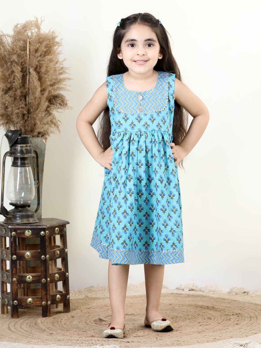 

Here&Now X Kinder Kids Floral Printed Yoke Designed Cotton Fit & Flare Midi Ethnic Dress, Blue