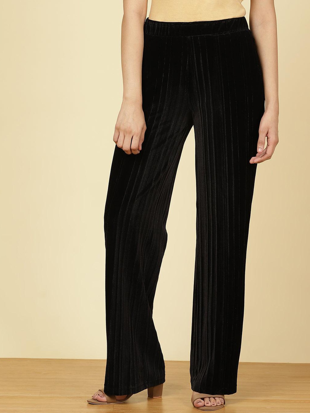 

Lakshita Women Smart Straight Fit Easy Wash Velvet Trousers, Black