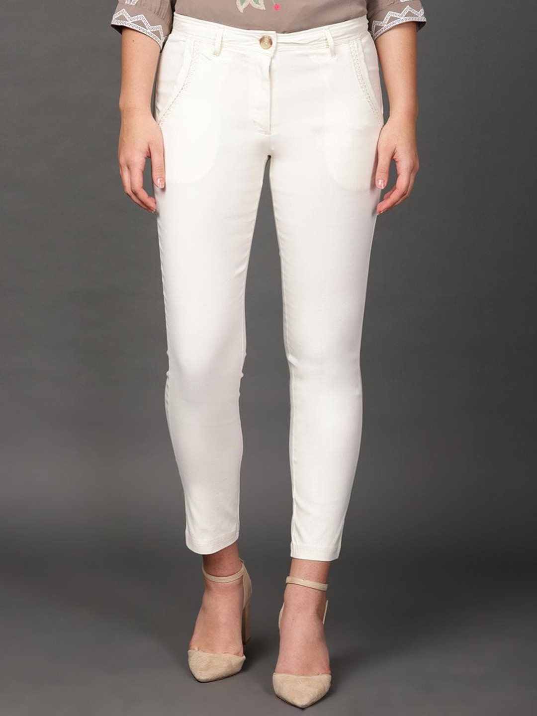 

Lakshita Women Smart Skinny Fit Mid-Rise Easy Wash Regular Trousers, White