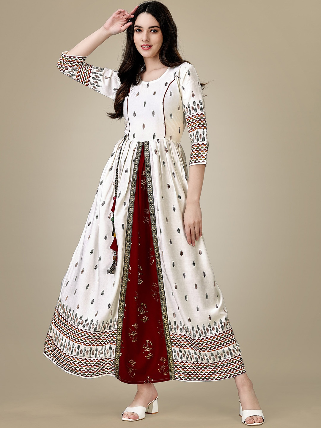 

BAPS White Ethnic Motifs Printed Panelled Regular Sleeves Fit & Flare Maxi Ethnic Dress
