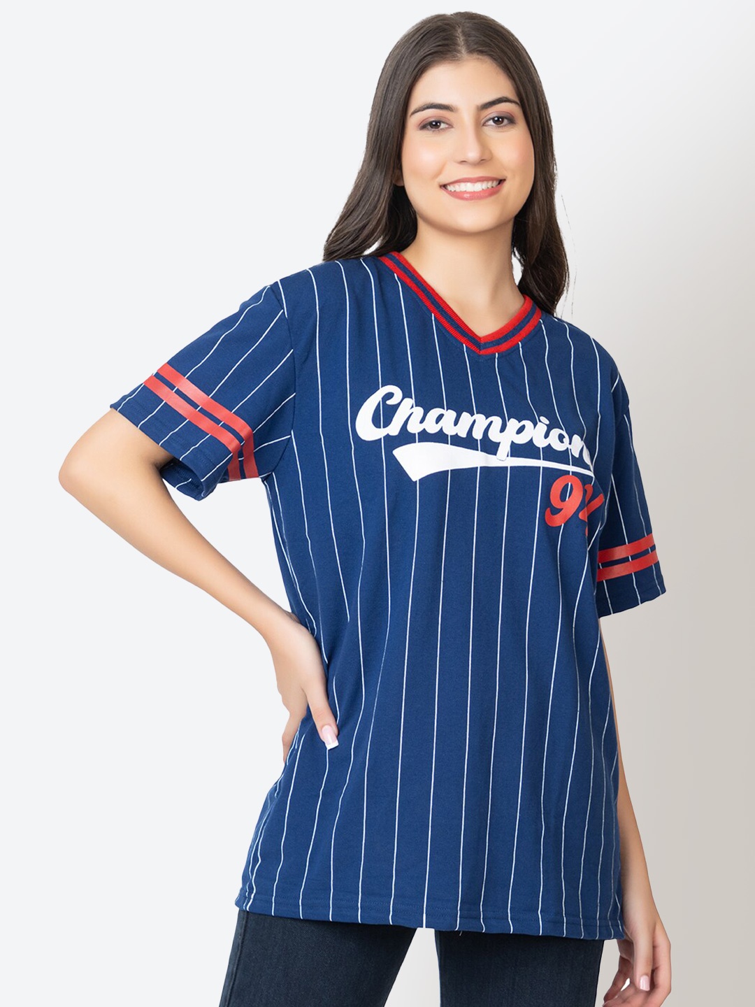 

Skidlers Striped V-Neck Drop-Shoulder Cotton Loose T-shirt, Navy blue