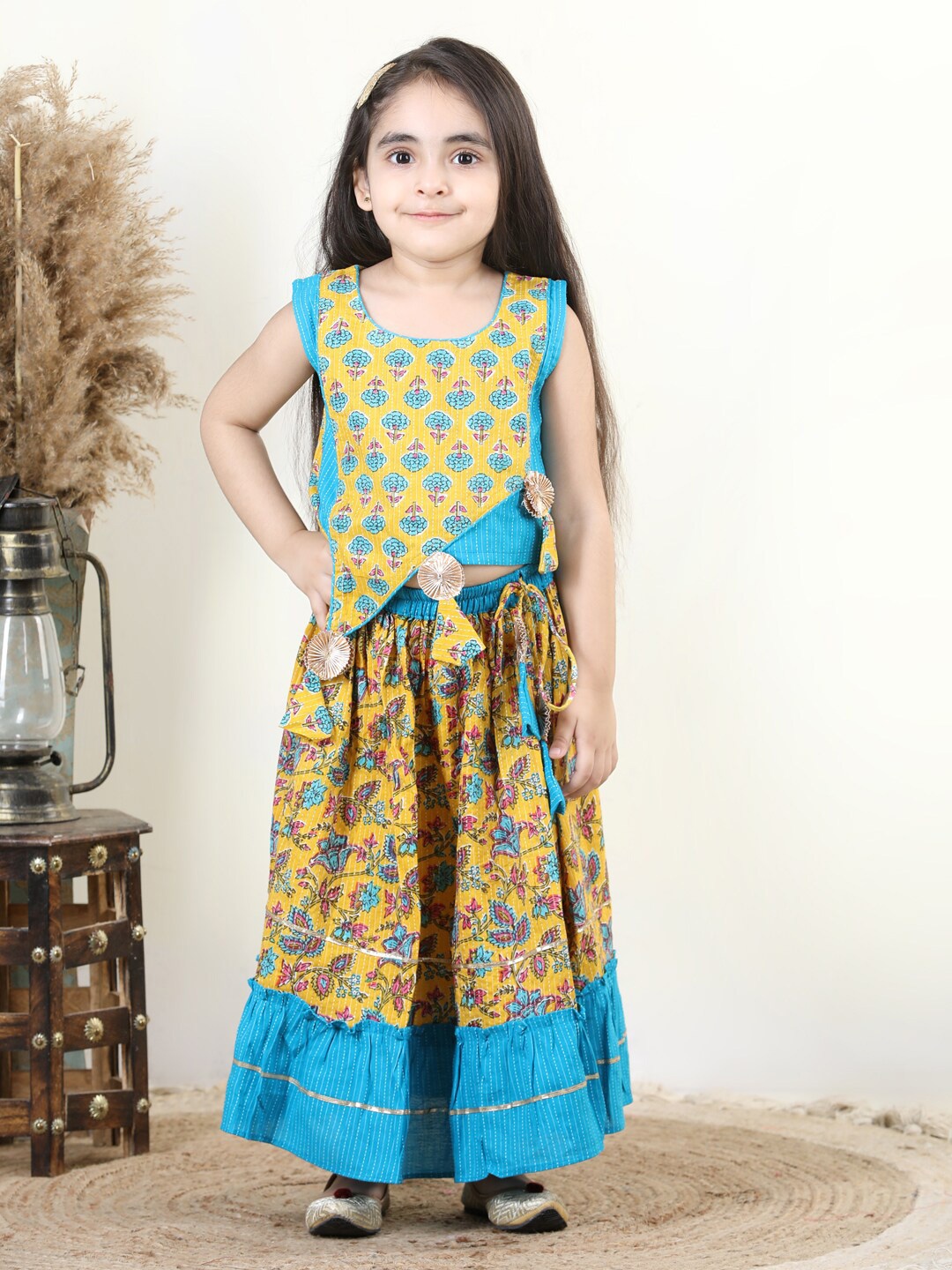 

Here&Now X Kinder Kids Girls Printed Cotton Ready to Wear Lehenga Choli, Yellow
