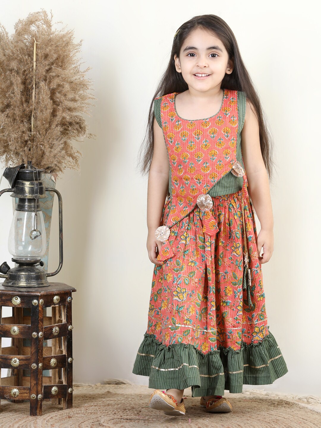 

Here&Now X Kinder Kids Girls Ethnic Motifs Printed Ready to Wear Cotton Lehenga, Peach