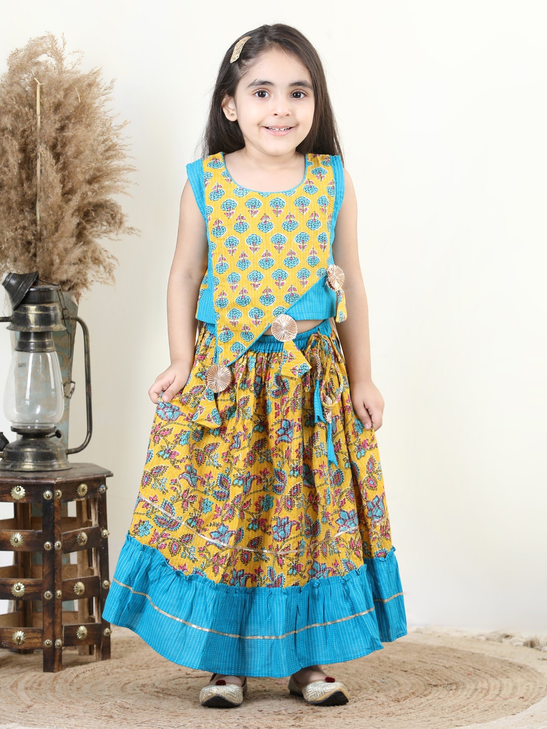 

Here&Now X Kinder Kids Girls Ethnic Motifs Printed Ready to Wear Cotton Lehenga, Yellow