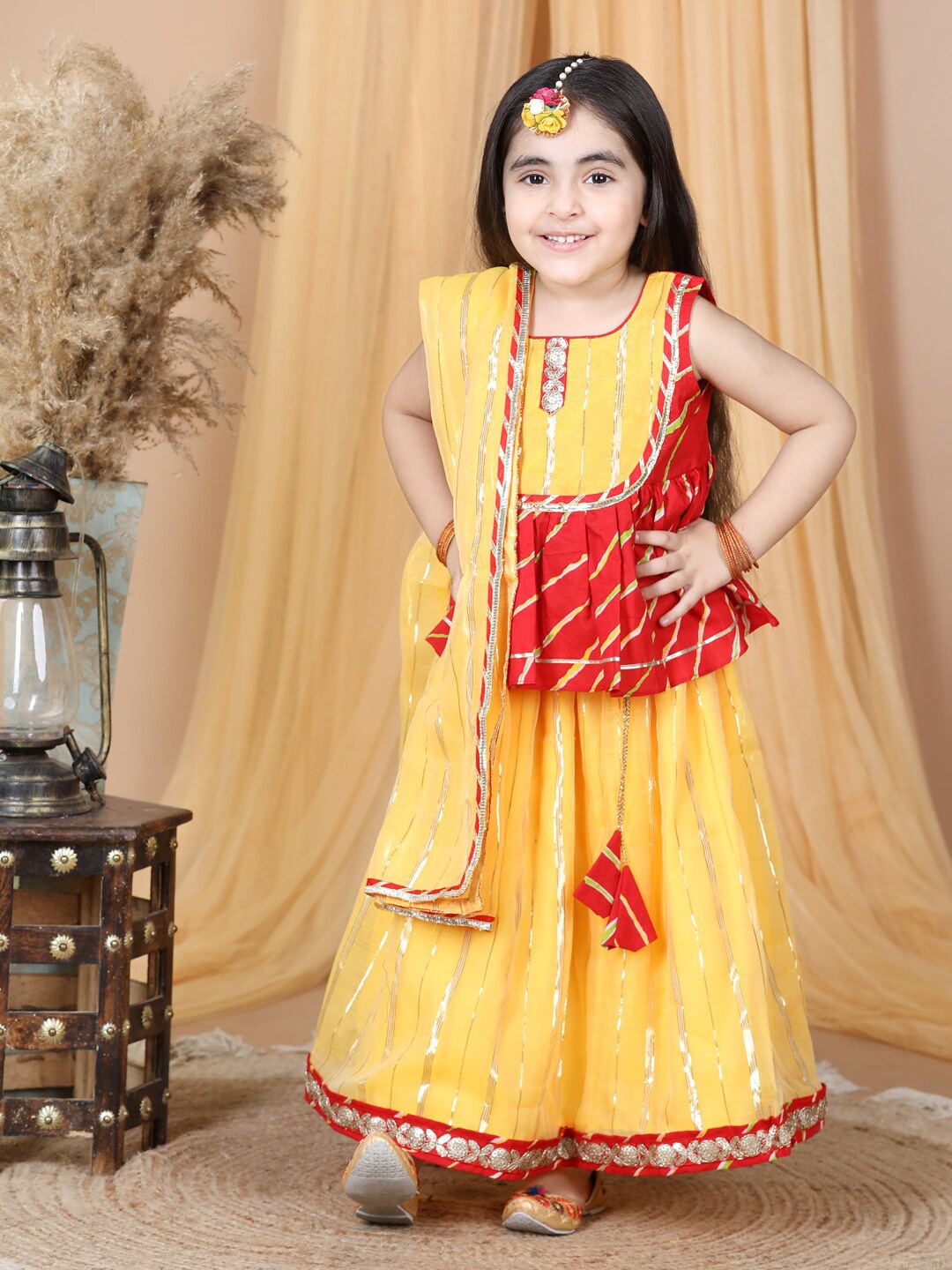 

Here&Now X Kinder Kids Girls Embroidered Ready to Wear Lehenga Choli With Dupatta, Yellow