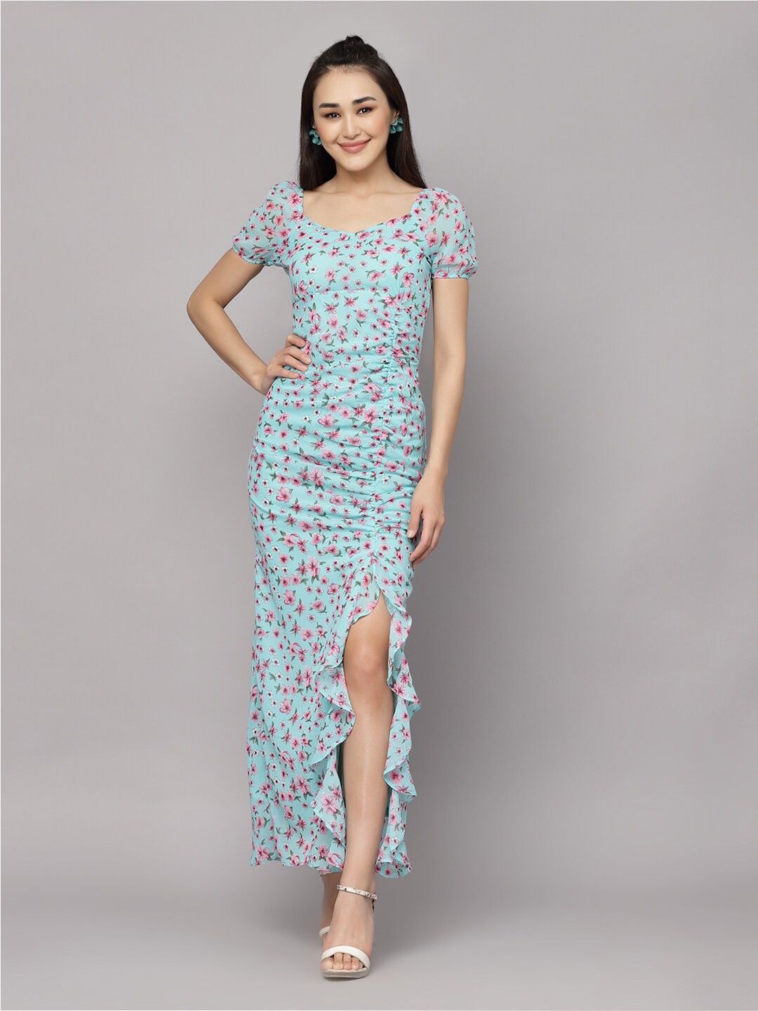 

aayu Floral Printed V-Neck Puff Sleeves Ruffles Detailed Ruched Maxi Dress, Blue