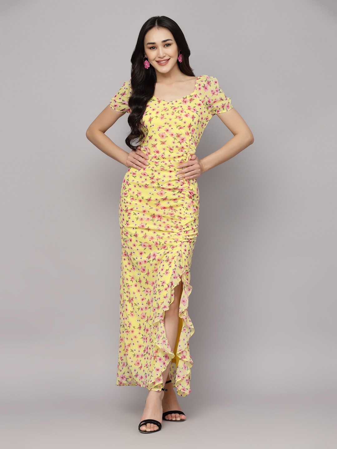 

aayu Floral Printed Sweetheart Neck Sheath Maxi Dress, Yellow