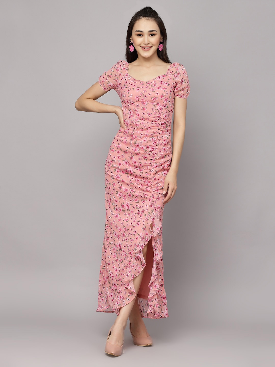 

aayu Floral Printed V-Neck Puff Sleeves Ruffles Detailed Ruched Maxi Dress, Peach