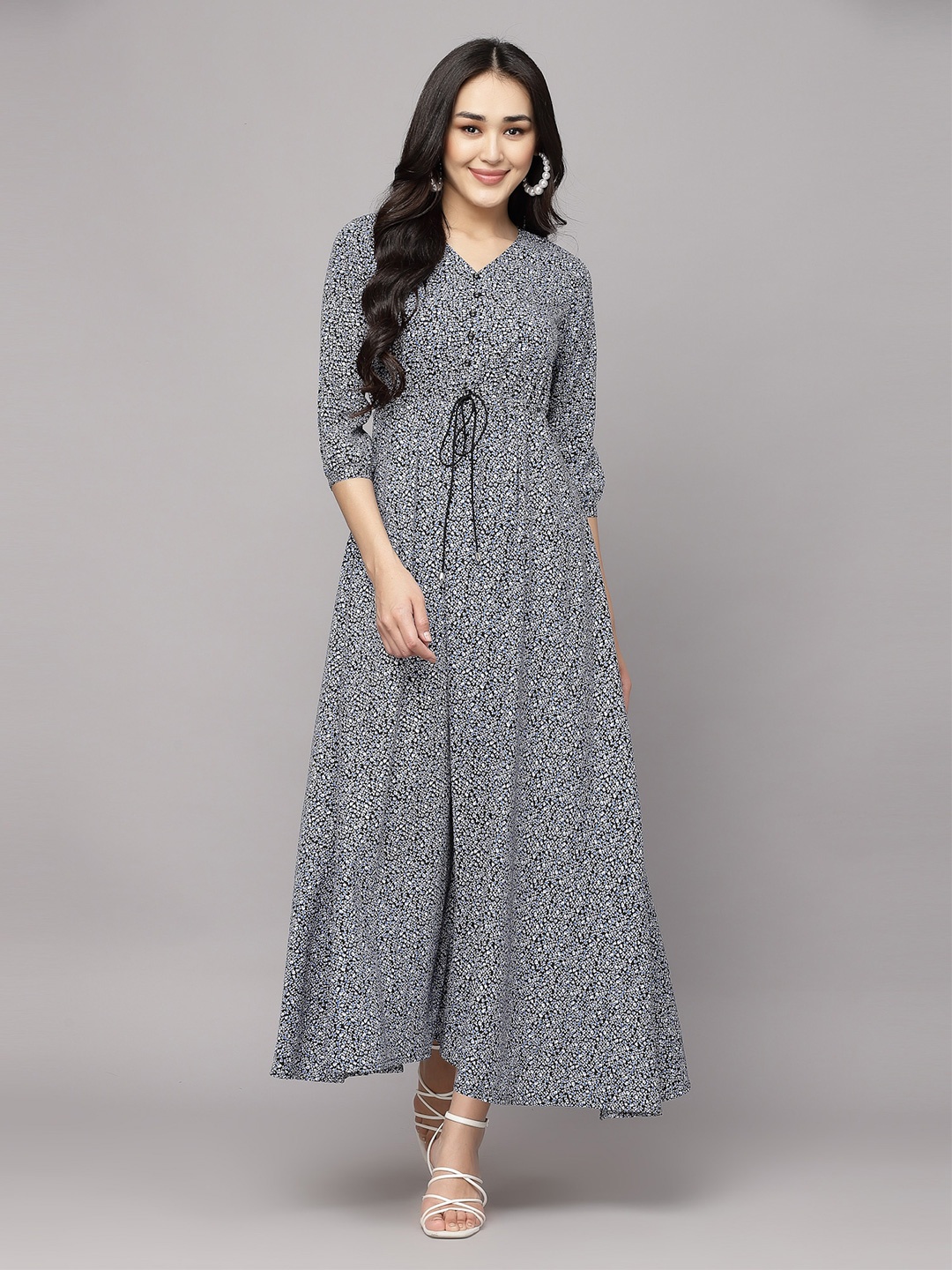 

aayu Floral Printed V-Neck Cuffed Sleeves Tie-Ups Detailed Maxi Dress, Black
