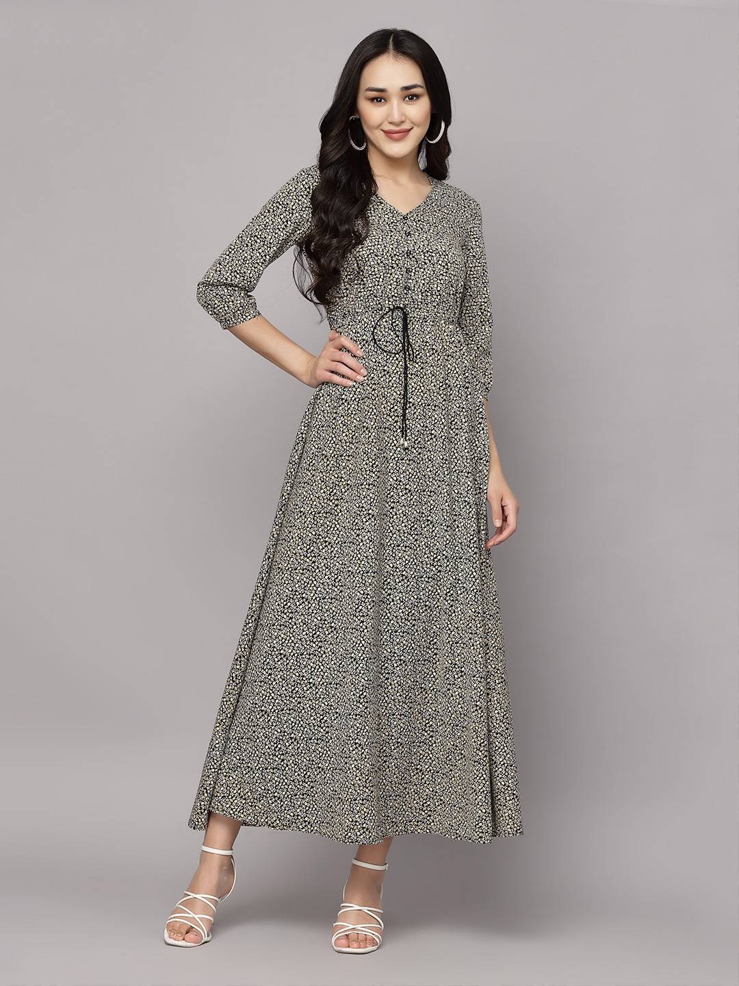 

aayu Floral Printed V-Neck A-Line Maxi Dress, Black