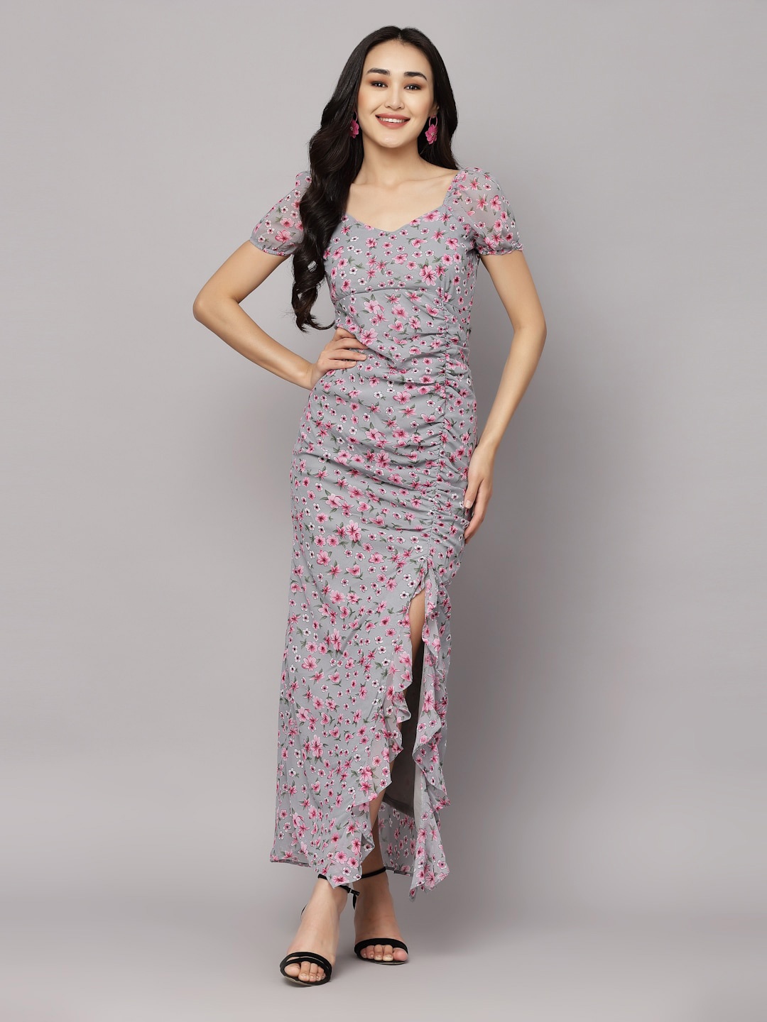 

aayu Floral Printed Sweetheart Neck Sheath Maxi Dress, Grey