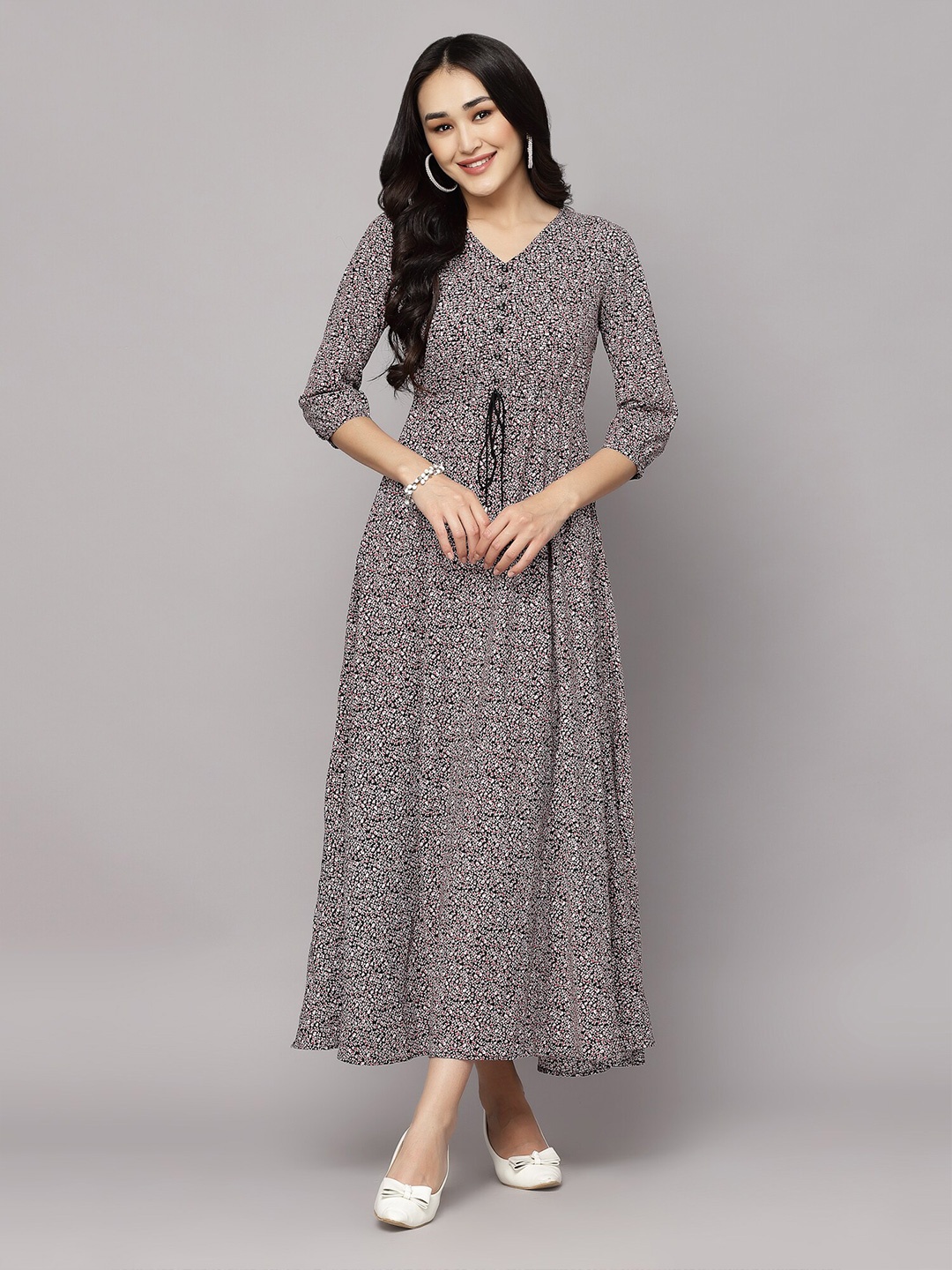 

aayu Floral Printed V-Neck A-Line Maxi Dress, Black