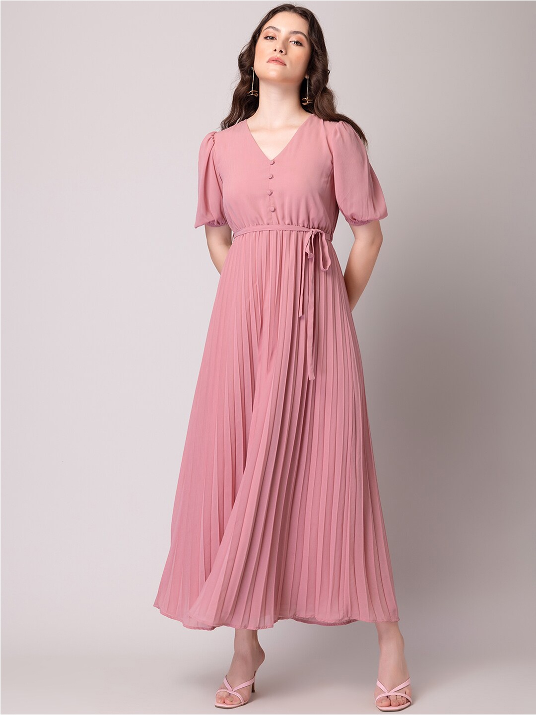 

FabAlley Pink Accordion Pleated Puff Sleeves V-Neck Maxi Dress