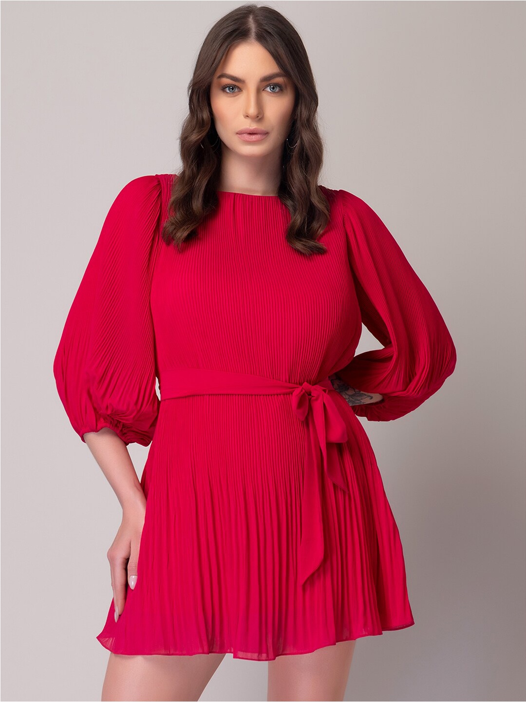 

FabAlley Pink Accordion Pleated Puff Sleeve A-Line Dress